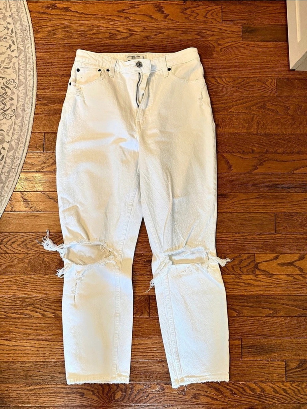 Abercrombie & Fitch The Mom High Rise Straight Leg Distressed Pants in White